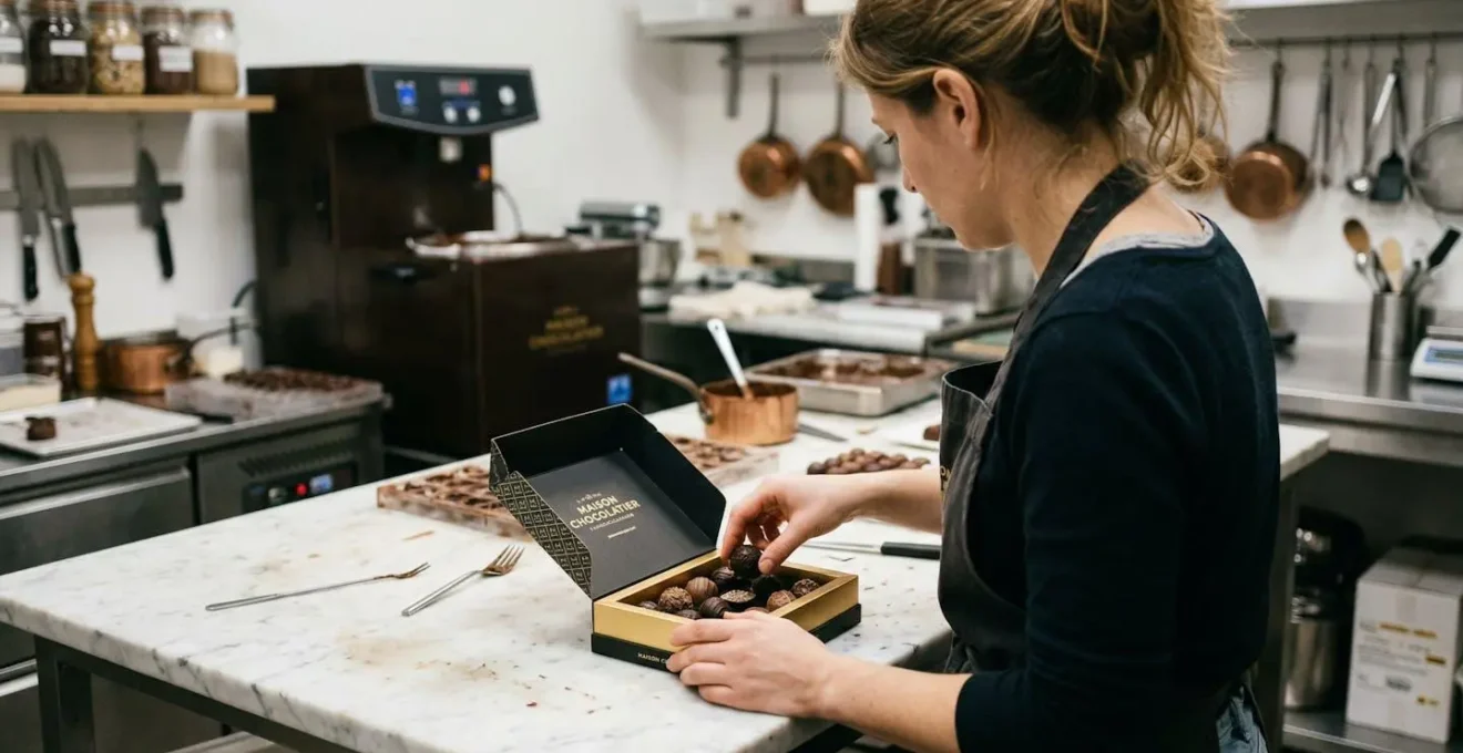 Chocolatier disposant des chocolats artisanaux dans un coffret carton élégant
