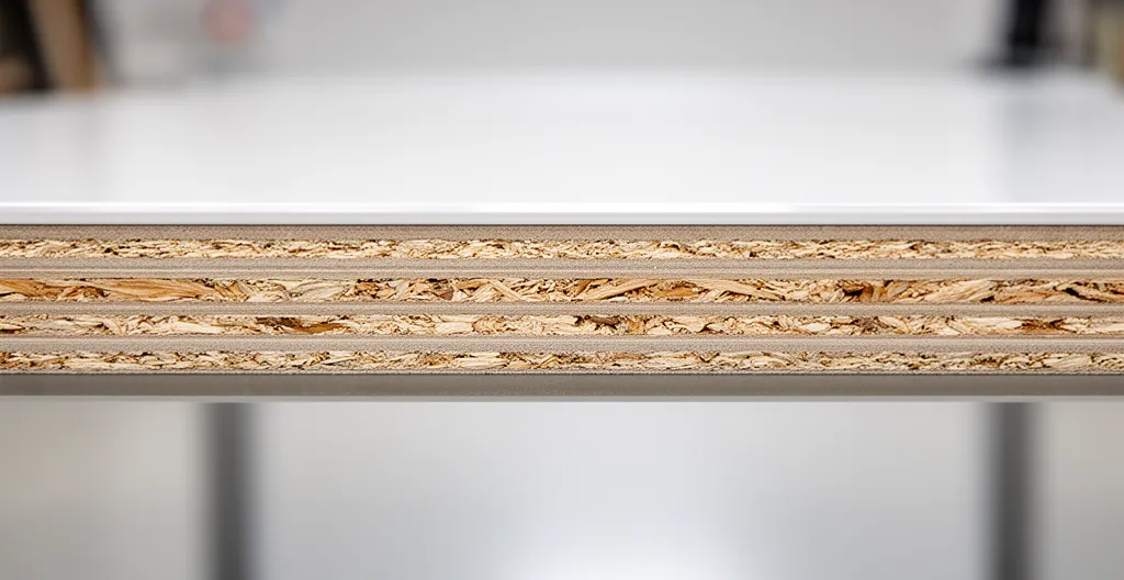 Coupe transversale d'un plateau de bureau révélant la densité du panneau de particules