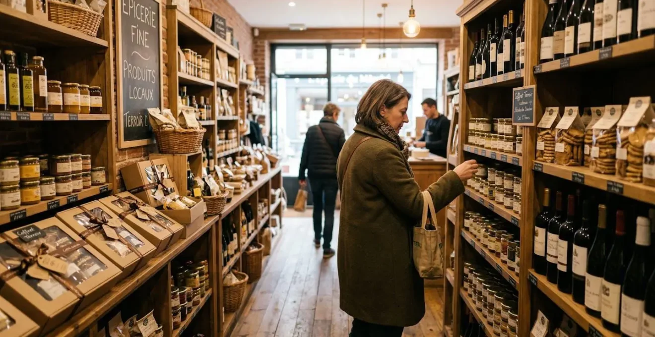 Intérieur d'épicerie fine avec coffrets cadeaux carton présentés sur étagères bois