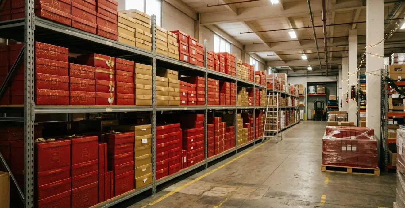 Espace de stockage professionnel avec coffrets cadeaux carton prêts pour expédition