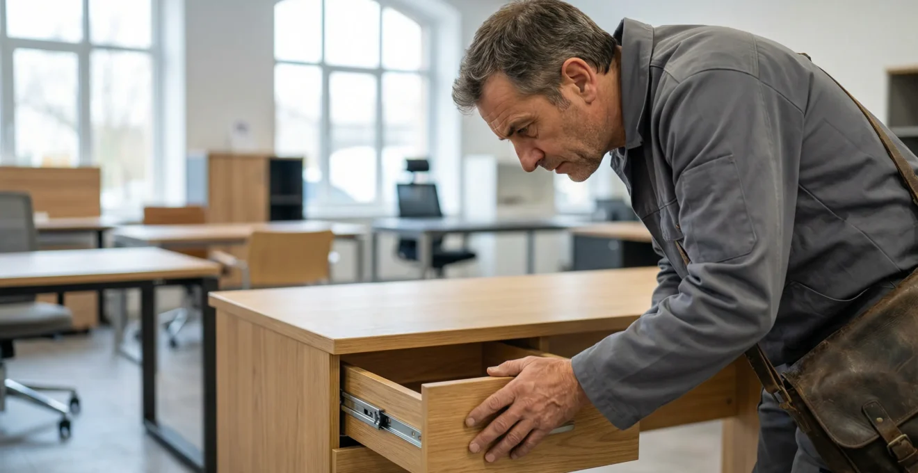 Technicien examinant les coulisses métalliques d'un tiroir de bureau professionnel