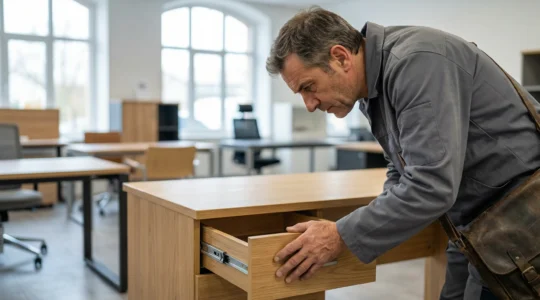 Technicien examinant les coulisses métalliques d'un tiroir de bureau professionnel