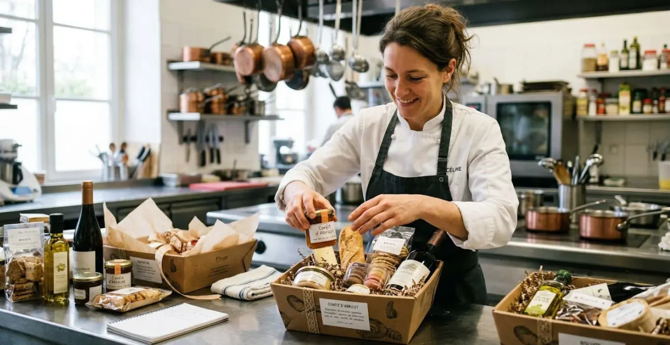 Traiteur préparant des corbeilles garnies de produits gourmands en cuisine professionnelle