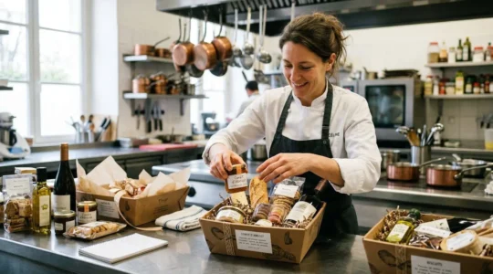 Traiteur préparant des corbeilles garnies de produits gourmands en cuisine professionnelle