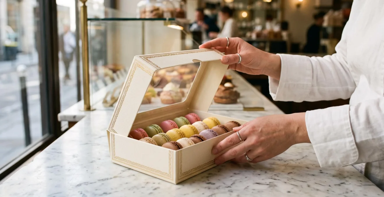 Gros plan sur une boîte pâtissière premium avec fenêtre transparente et finition dorée contenant des macarons pastel.