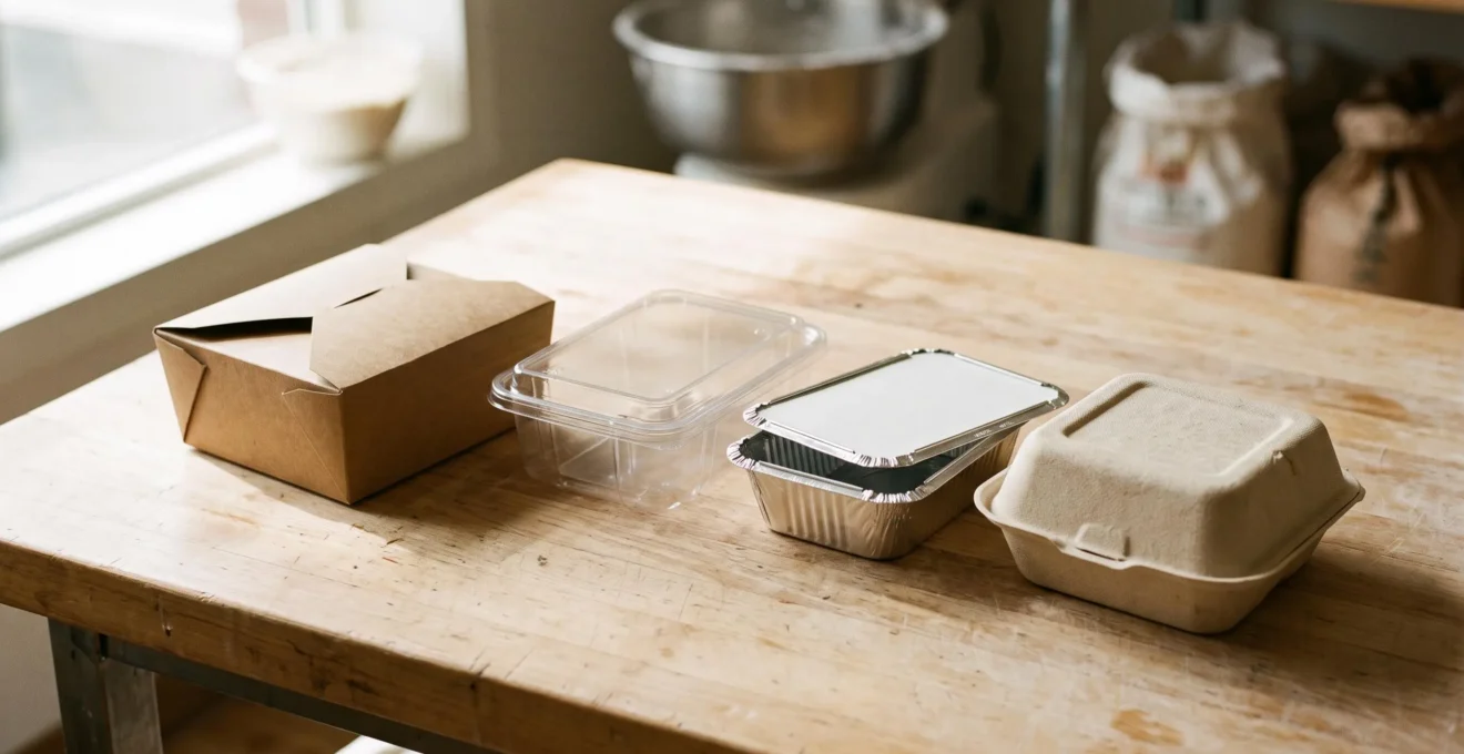Quatre emballages pâtissiers neutres en carton, plastique, aluminium et bagasse posés sur une table d'atelier en bois.