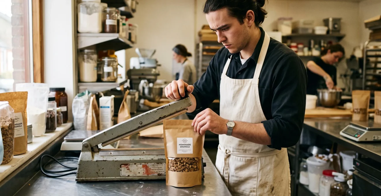 Un employé de pâtisserie scelle un sac en papier rempli à l'aide d'une soudeuse à chaleur sur un plan de travail en inox.