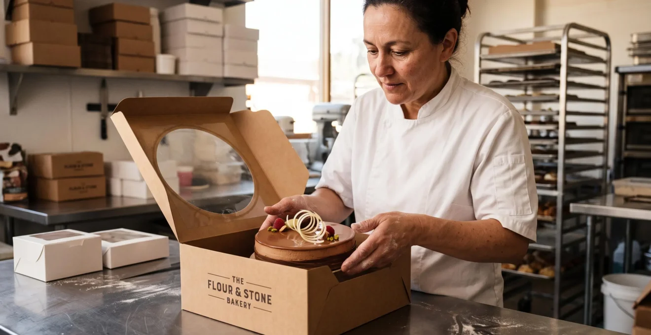 Une pâtissière professionnelle place un entremet dans une boîte en carton avec fenêtre transparente dans son atelier.