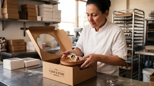 Une pâtissière professionnelle place un entremet dans une boîte en carton avec fenêtre transparente dans son atelier.